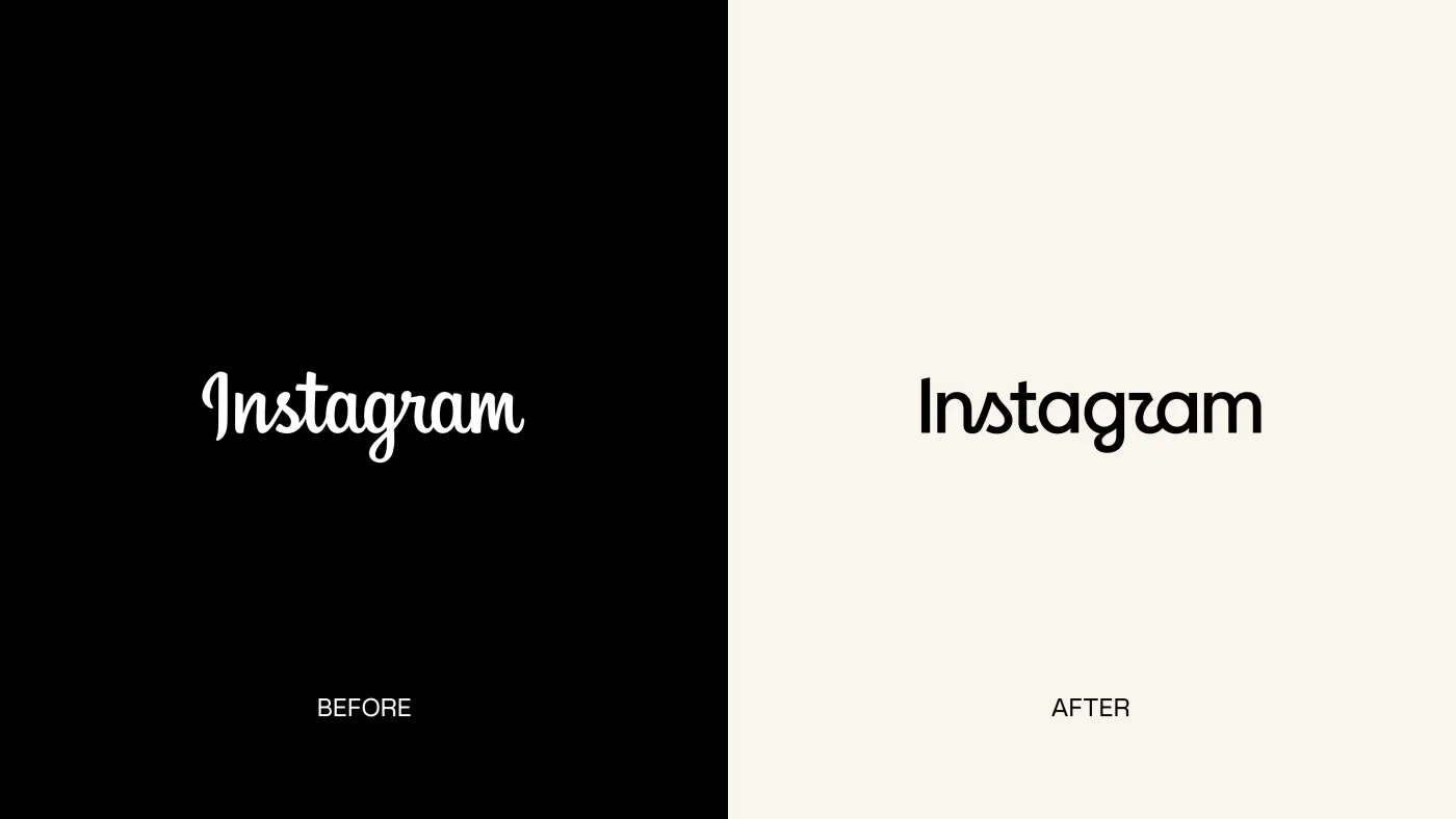 Comparación del wordmark de Instagram: a la izquierda la versión manuscrita anterior, a la derecha la nueva, de trazo más geométrico.