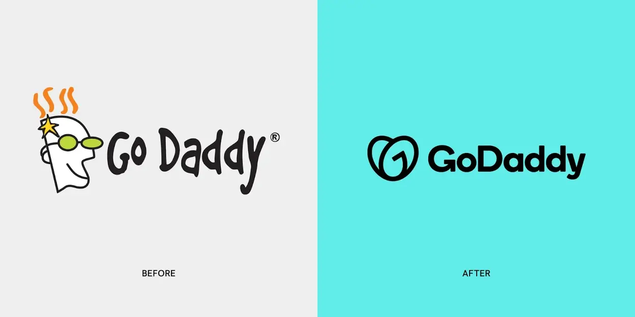 Comparación del rediseño del logo de GoDaddy: a la izquierda el logo anterior con el personaje de gafas de sol y la línea amarilla, a la derecha el nuevo símbolo junto al wordmark.