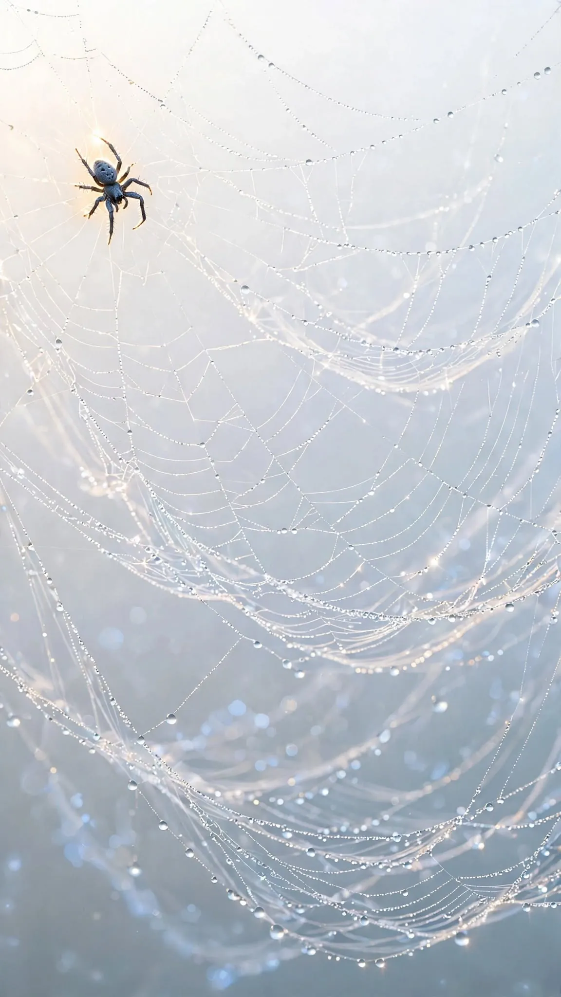 Araña tejiendo una red cubierta de rocío, arte de los planes de redes sociales